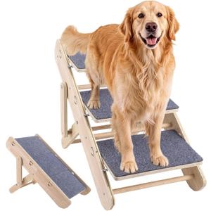 Wooden Foldable Dog Stairs, 2-in-1 Foldable Pet Stairs and Ramp for High Beds Couch and Cars, 3-Tier Convertible Wood Pet Steps with Non-Slip Carpeted Surface for Dogs and Cats