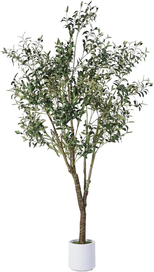 Artificial Olive Tree 7FT, Indoor Fake Silk Plant with Realistic Trunk, Leaves, Fruits and White Planter, Faux Potted Tree for Home Decor and Housewarming Gift, 1 Pack