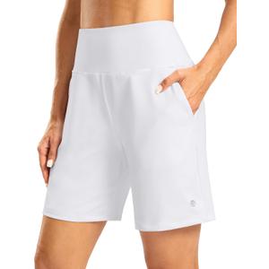 Women's Athletic Shorts with Zipper Pocket 7" High Waisted Stretchy Bermuda Shorts for Women Workout Running Casual (White, S)