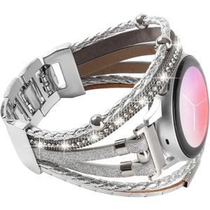 Posh Leather Bands Compatible with Samsung Galaxy Watch 7 6 5 4 40mm 44mm/Watch 6 4 Classic Band 42mm 46mm 43mm 47mm/Galaxy Watch 5 Pro Band 45mm/Active 2, 20mm Boho Bracelet Handmade Strap for Women (Glitter Silver)
