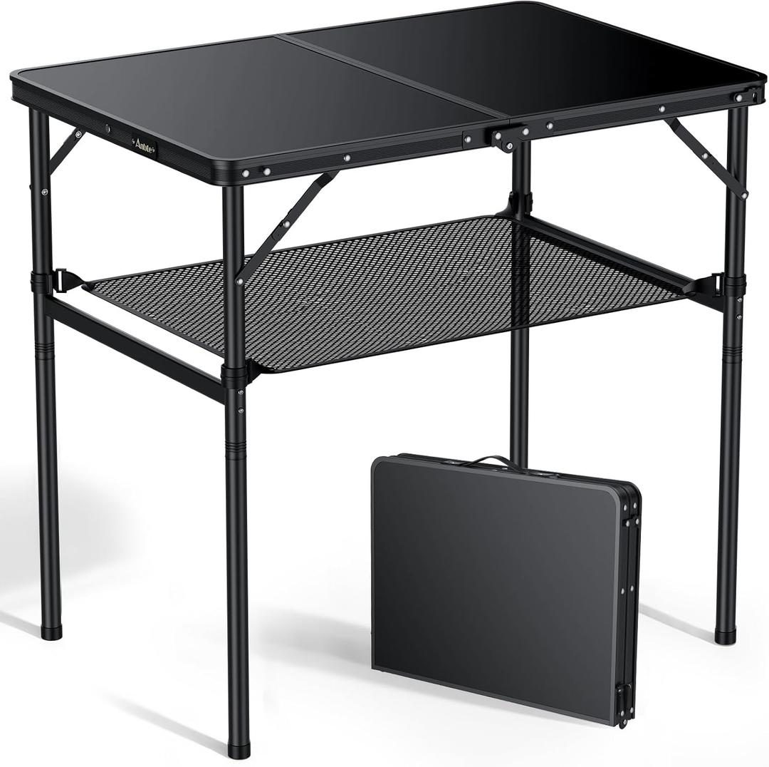 Anbte 3ft Camping Table Foldable with Storage Net, 3 Heights Max 29.5" Aluminum Camping Table with Portable Handle, Lightweight, for Travel Outdoor Beach Picnic Patio Indoor, 36" x 24", Pure Black, 36"L x 24"W x 29.5H"