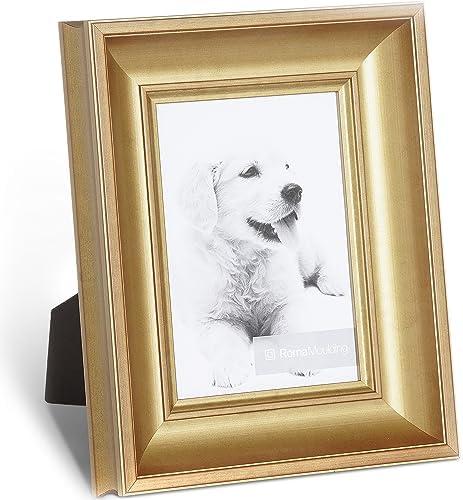 Roma Moulding 6" x 8" Gilded Gold 2" Eleganza Picture Frame - 100% Natural Wood & High Definition Glass, Used Vertically or Horizontally for Tabletop Display Traditional Style Frame