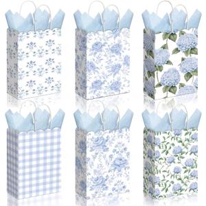 Kolldenn 24 Pcs Hydrangea Floral Party Gift Bags with Handles Paper Candy Treat Goodie Bags Scalloped for Birthday Decoration for Bridal Baby Shower Tea Party Supplies