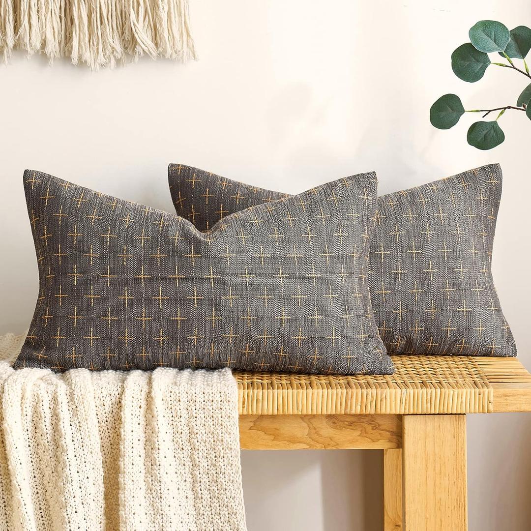 MIULEE Pack of 2 Decorative Burlap Linen Throw Pillow Covers Modern Farmhouse Pillowcase Rustic Woven Textured Cushion Cover for Sofa Couch Bed 12x20 Inch Dark Grey