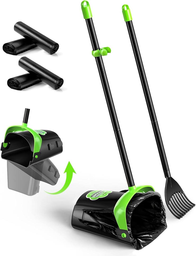 Large Swivel Bin & Rake Pooper Scooper with 40 Waste Bags, 36" Long Handle & 4 Bag Hooks Adjustable Dog Pooper Scooper for Large Dogs and Pets, Portable Non-Breakable Dog Poop Scooper