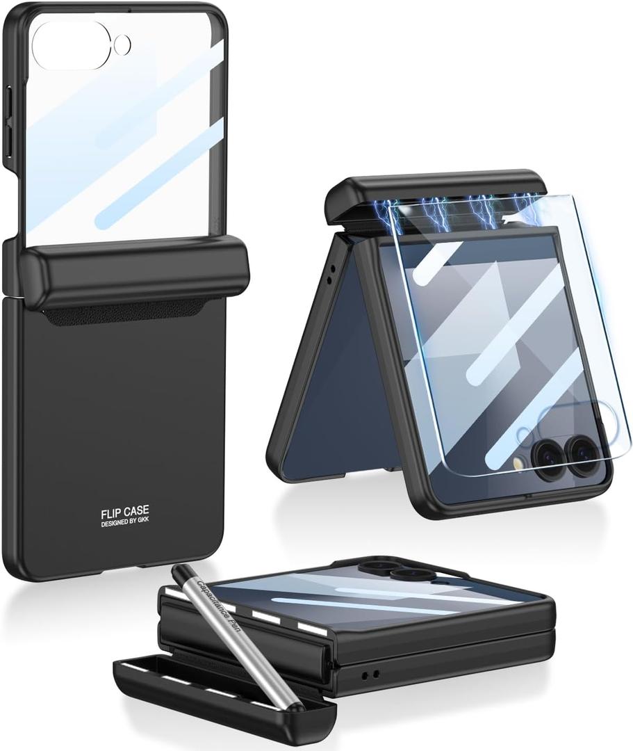 for Samsung Galaxy Z Flip 7 Case with S Pen,Slim PC All-Inclusive Shockproof Cover with Magnetic Hinge Protection + Tempered Glass Screen Protector for Samsung Galaxy Z Flip 7 5G (Black)