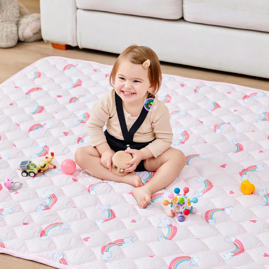 Baby Play Mat, Extra Large&Thick Baby Mat for Floor, Foldable Padded Floor Mat for Baby (71" X 59", Pink Rainbow)