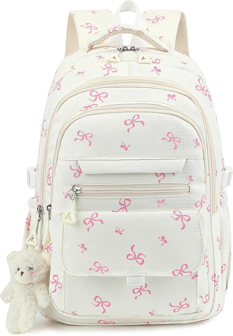 PRLINJSK Girls Backpack for College High Middle School Student, Cute Aesthetic Bookbag for Teens Women with Accessories, Beige Bow