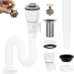 Bathroom Sink Drain Kit, Flexible P-Trap Sink Drain Pipe with Pop Up Stopper, Bathroom Sink Pipe Replacement Kit for 1-1/4'' & 1-1/2'' Holes, Anti-Clogging Stopper (White)