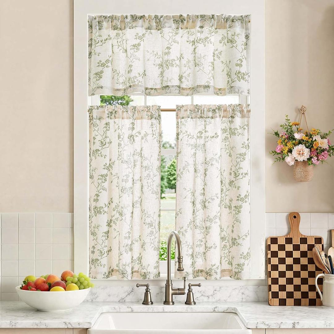 jinchan Floral Kitchen Curtains Set 36 Inch Length Farmhouse Linen Cafe Curtains and Valance Set for Living Room Bathroom Small Window Treatments Rod Pocket 3 Panels Green on Linen