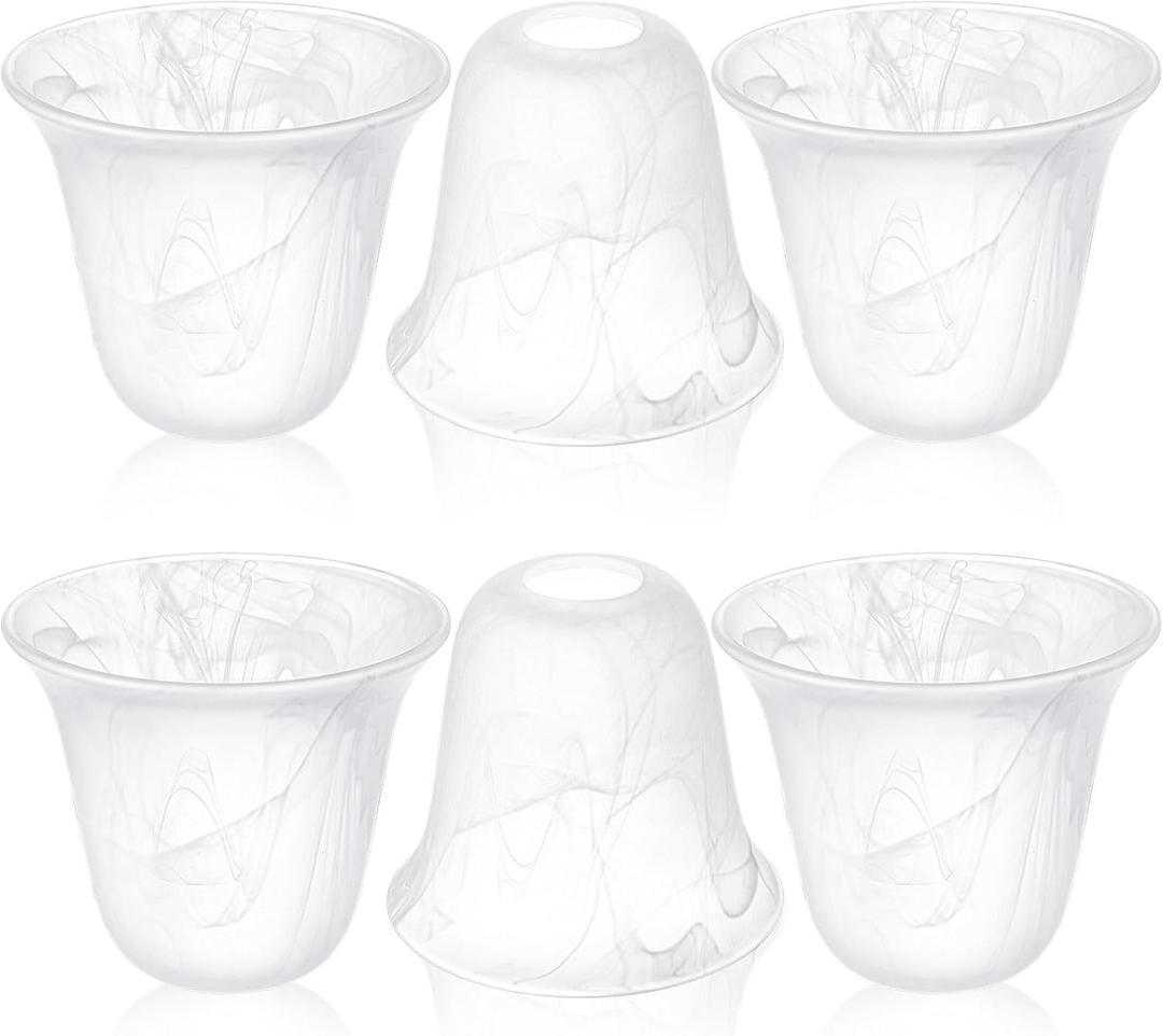 Teenyyou 6 Pcs Bell Shaped Glass Lamp Shade E26 Replacement Globe Ceiling Fan Light Covers with 1-5/8'' Fitter Opening for Chandelier Wall Sconce Pendant Light Bathroom Vanity Fixture(White Alabaster)