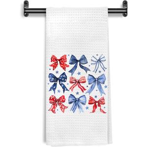 Patriotic 4th of July Kitchen Towels, Coquette Girly Red White and Blue Bow Hand Towels for Bathroom Kitchen Decorative, Independence Day Memorial Dish Tea Towels Drying Cloth, 16x24 Inch
