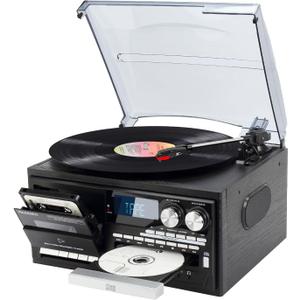 Vintage 9-in-1 Record Player Turntable with Bluetooth, AM/FM Radio, CD & Cassette Player, USB/SD Playback, Remote Control, Aux & RCA Inputs, Headphone Jack  Classic Audio System for Music Lovers (Black)