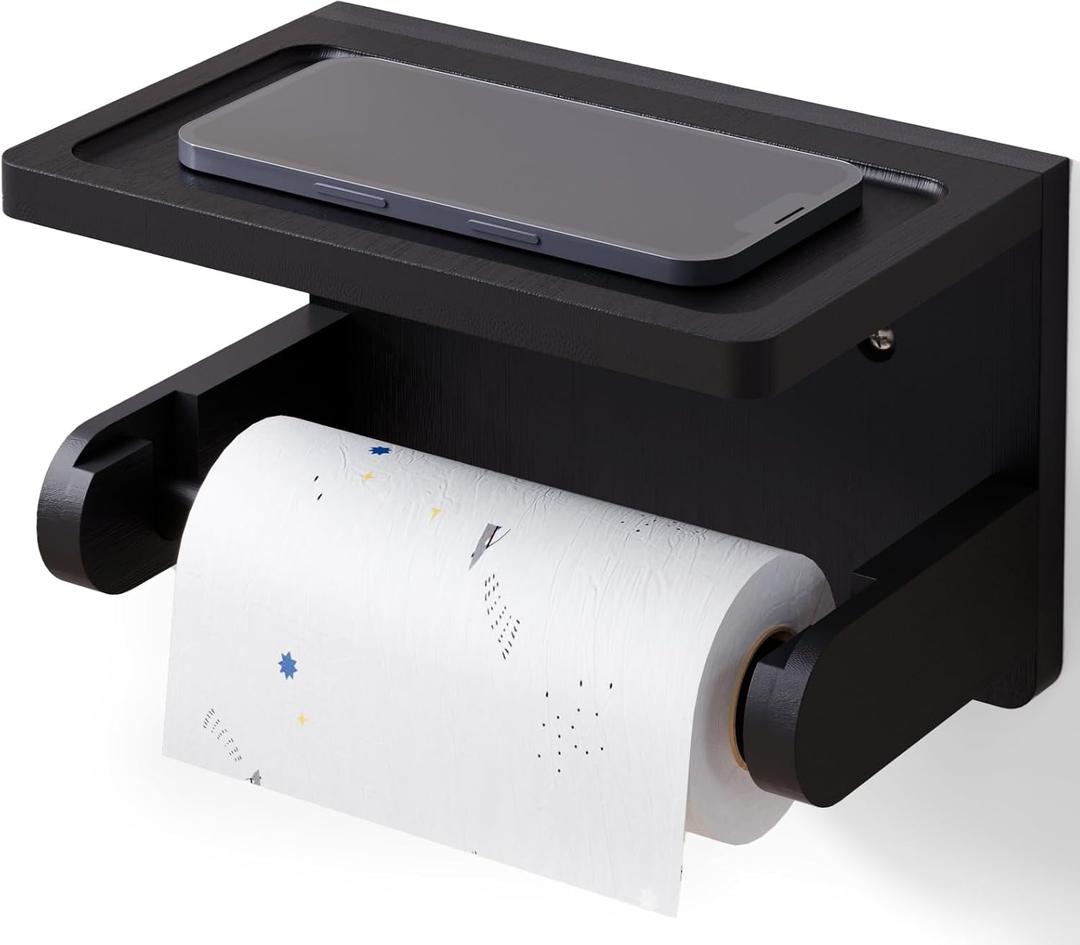 Toilet Paper Holder with Phone Shelf,Bamboo Wall Mounted Tissue Roll Holder for Bathroom(Black) (1 PC)