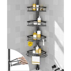 SEIRIONE Corner Shower Caddy Tension Pole, Rustproof Bathroom Shower Organizer Corner, 4-Tier Adjustable Bathroom Shelf, Solid Rack Ideal for Bathtub Storage, 39 to 113 Inch Height, Black