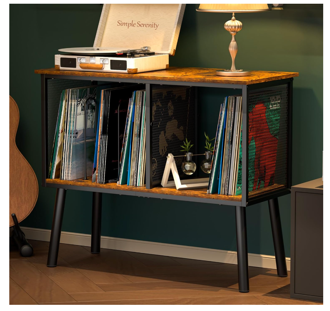 Record Player Stand with Adjustable Divider Vinyl Storage Holder Up to 200 Albums Mid-Century Large Record Player Table Vinyl Holder Turntable Stand End Table for Bedroom & Living Room, Patent Pending