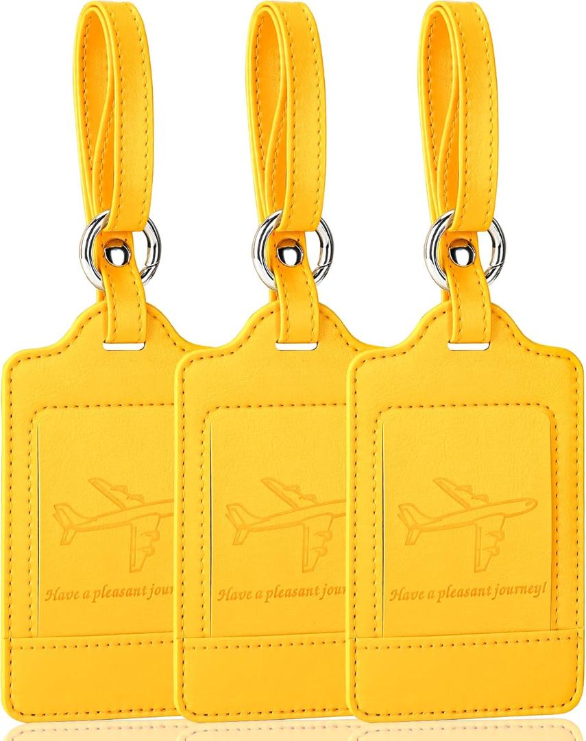 Teskyer Luggage Tags, 3 Pack Premium PU Leather Luggage Tags for Suitcases, Privacy Protection Travel Bag Tags, Yellow (Yellow)