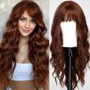 Auburn Wigs with Bangs,Copper Red Long Wavy Wig for Women,Long Curly Synthetic Hair Wig for Party Daily Use 24IN