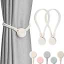 NICEEC 2 Pack Strong Magnetic Curtain Tiebacks Wooden Medal Shape Decorative Drape Tie Backs Natural Cotton Rope Hand-Woven Curtain Holdbacks for Home & Office Draperies Decor (Beige)