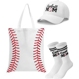 Newcotte 3 Pcs Baseball Mom Gifts Set Embroidered Adjustable Cap Canvas Tote Bag Cool Mother Stripe Crew Mother Socks Baseball Gifts for Birthday Mother's Day