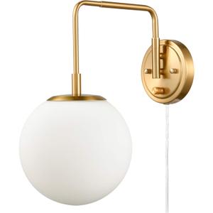 DAYCENT Gold Plug in Wall Sconce Swing Arm Sconces Wall Lighting with Switch Modern Brass Globe Wall Light Fixture Milk Glass Sconce Light for Hallway Bathroom Bedroom