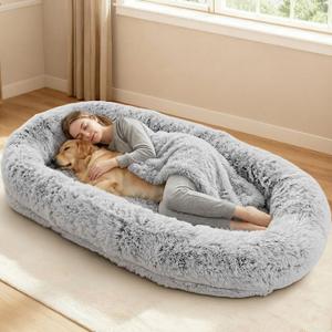 79"x44"x12.5" Human Dog Bed for Adult Faux Fur Washable Human Dog Bed Portable Handle, Egg Orthopedic Foam Human Bed Extra Large with Present Blanket Grey