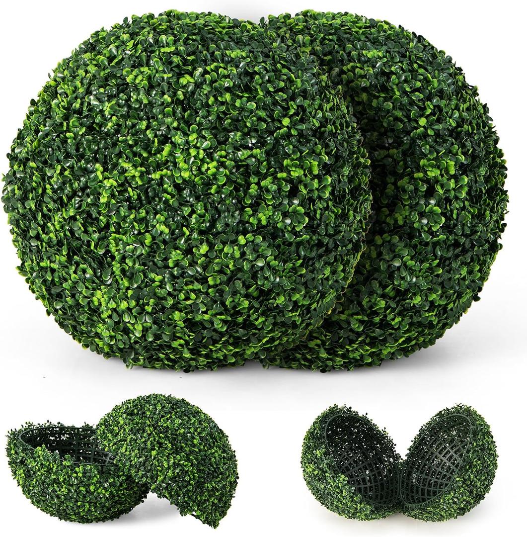 GOFLAME 2 PCS 19 inch Artificial Boxwood Topiary Balls, Faux Plants Decorative Boxwood Balls, Sun-Protection Indoor & Outdoor Round Greenery Decoration for Garden Porch Balcony Yard Home Wedding
