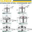 P&P CHEF 3-Ply Stainless Steel Cookware Set of 6, 10-Pieces Pots and Pans Sets Stainless Steel for Kitchen, Induction Multi Cooktops & Oven, Dishwasher Safe, Frying Pans, Saucepans, Saute Pan & Pot, 1 Qt + 2 Qt + 6 Qt + 8 Inch+ 10 Inch + 10 Inch