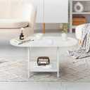 White Coffee Tables for Living Room,2-Tier Small Coffee Table Industrial Modern Oval Center Table with Storage Shelf and Wood Tabletop,for Small Space,Home Office