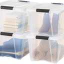 IRIS USA 32 Qt Stackable Plastic Storage Bins with Lids, 4 Pack - BPA-Free, Made in USA - See-Through Organizing Solution, Latches, Durable Nestable Containers, Secure Pull Handle - Clear Cracks