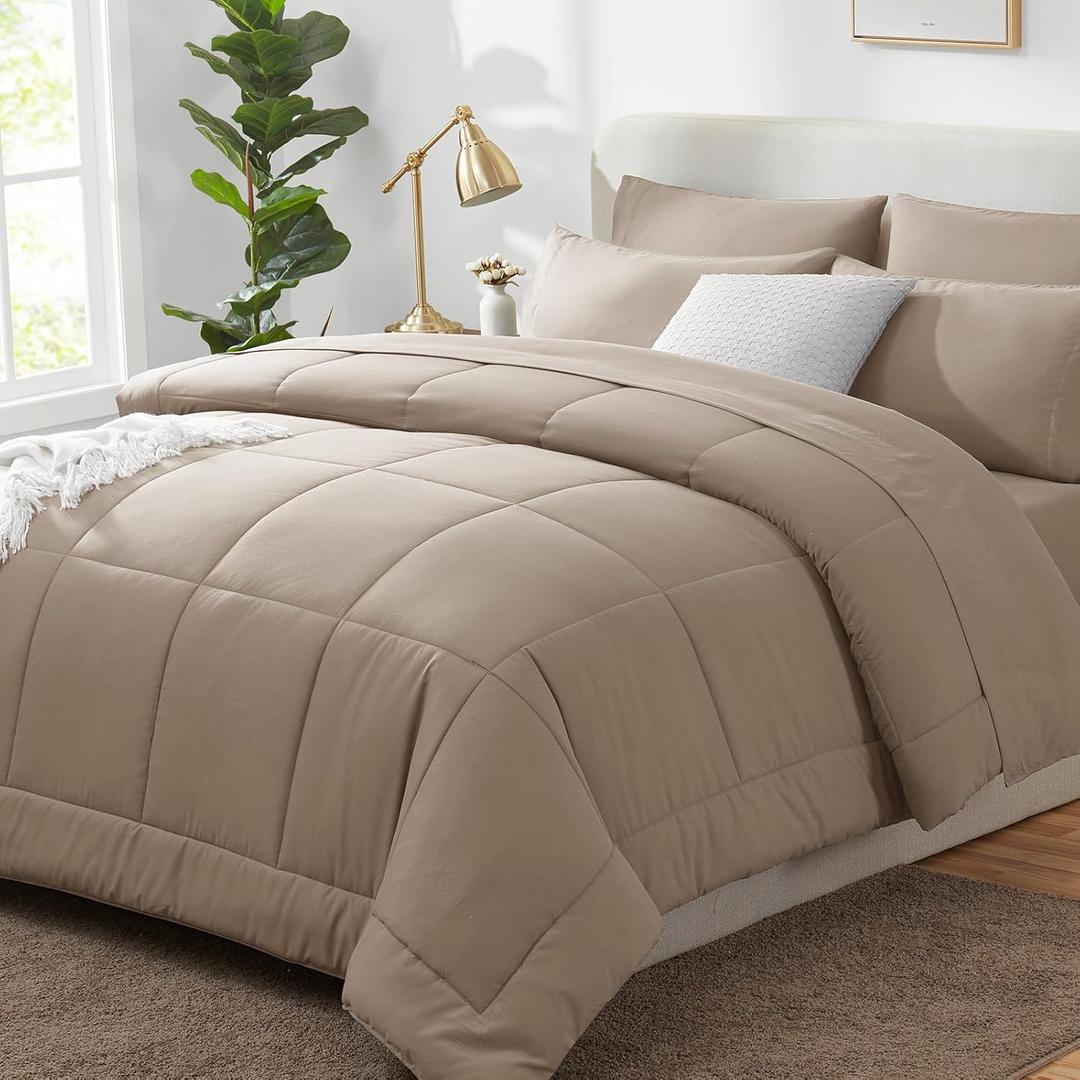 CozyLux Queen Comforter Set Khaki, 7 Pieces Bed in a Bag, Khaki Comforters Queen Size, All Season Bedding Sets with Stitch Quilted Comforter, Flat Sheet, Fitted Sheet, Pillowcases