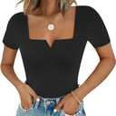 Chunpin Women's Sexy Square Neck Notch V Neck Short Sleeve Bodysuit Tops Thong Bodysuit Black Small