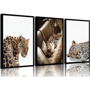 3Pcs Trendy Leopard Wall Art Dopamine Decor Posters Prints Preppy Room Aesthetic Cheetah Wall Decor Pictures for Girls Bedroom Apartment Dorm Unframed