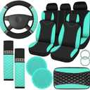 Fulmoon 17 Pcs Car Accessories Set for Women Seat Bling Leather Steering Wheel Cover Seat Belt Shoulder Pad Armrest Cup Holders Covers Full Crystal Decor Automotive Interior(Mint Green and Black)