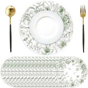50 Pack Paper Placemats Disposable Green Floral Placemats 13.7 Inch Vintage Sage Green Flower Place Mats Chinoiserie Round Table Mats for Dinner Table Setting Birthday Wedding Party Supplies, Chinoiserie Green