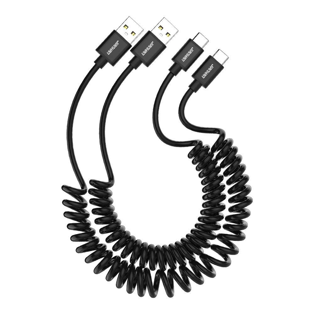 USB C Coiled Cable, [2 Pack 6ft+6ft] Retractable Curly USB A to USB C Cord for Car Type C Cable for Samsung Galaxy S20,S10,S10+,S9,S9 Plus,S8,S8 Plus,Note 8,9,A5,A7,A8+,LG,Google (Black)