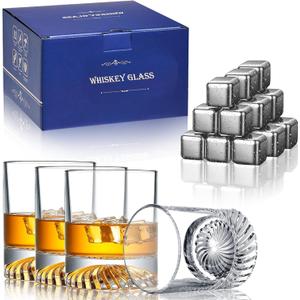 Whiskey Glasses,4 Old Fashioned Glasses Set with 16 Stainless Steel Ice Cubes,10oz Whiskey Rocks Glasses Gift for Men,Bourbon Tumbler for Scotch Whisky Cognac,Rock Barware at Bar Home