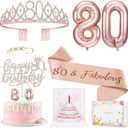 80th Birthday Gifts Decorations for Women, Including 80 year old Birthday Cake Topper, Birthday Queen Sash with Pearl Pin, Sweet Rhinestone Tiara Crown, Number Candles and Balloons Set, Rose Gold
