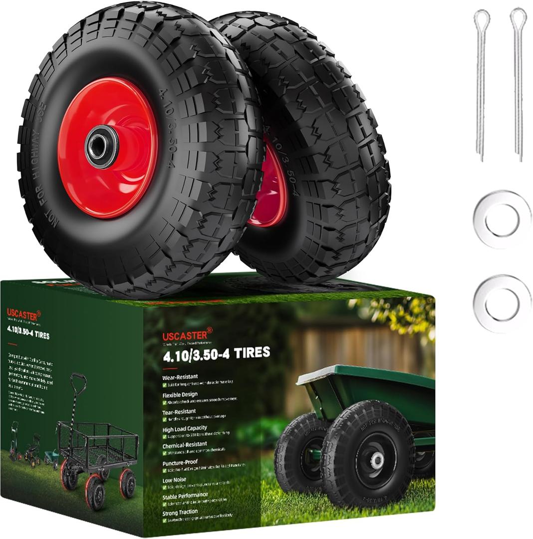 4.10/3.50-4 Tire and Wheel Flat Free,10-Inch Solid Wheel Replacement with 5/8 Bearings,2.2" Offset Hub -Compatible with Hand Truck,Wheelbarrow,Dolly(Red)