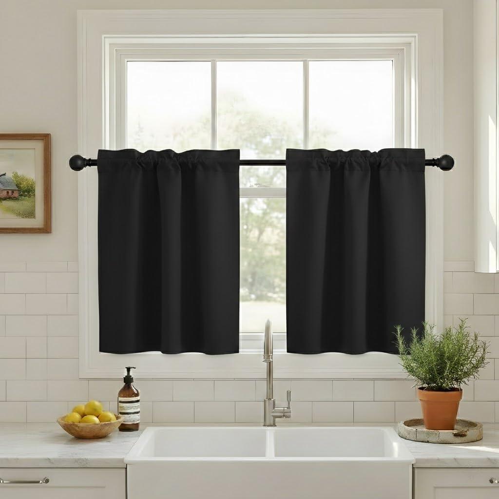 NICETOWN Small RV Camper Window Curtains, Thermal Insulated Rod Pocket Privacy Curtain Tiers Soild Room Darkening Shades for Kitchen Cabinet Cupboard Closet Halloween, Black, W34 x L30 inches, 1 Pair