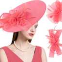 dressfan Wide Brim Fascinator Derby Hats for Women,20s Detachable Flower Hat with Headband for Derby Church Wedding Tea Party (Watermelon Red)