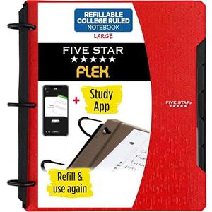 Five Star Flex Refillable Notebook + Study App, College Ruled Paper and 1 Inch TechLock Ring Binder with Pockets, Tabs and Dividers, 200 Sheet Capacity, Fire Red (29328AB2)