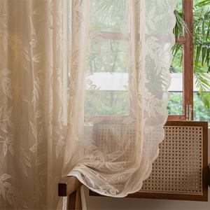 Sutuo Home Beige Lace Curtains 90 Inches Long, Leaf Embroidery Window Sheer Drapes Pair, Rod Pocket Vintage Country Window Treatments Set of 2 Panels for Bedroom Living Room, 57" W x 90" L