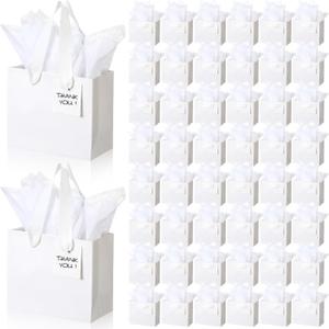 Zhanmai 100 Pcs 4.7 x 2.4 x 3.9 Inch Mini Gift Bags Bulk with Tissue Paper Kraft Paper Bag with Handle Gift Tag for Birthday Party, Wedding Showers (White)