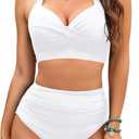 Tempt Me Women Two Piece Vintage Swimsuit Retro Halter Ruched High Waist Bikini with Bottom (XX-Large, Pure White)
