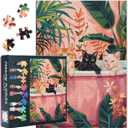 Jigsaw Puzzles for Adults 1000 Pieces - Cats in Tropical Bathtub Puzzle Lush Plants Relaxing Jigsaw Puzzles, Bothroom Illustration Art Puzzle Gift for Home Wall Decor (50x70cm)
