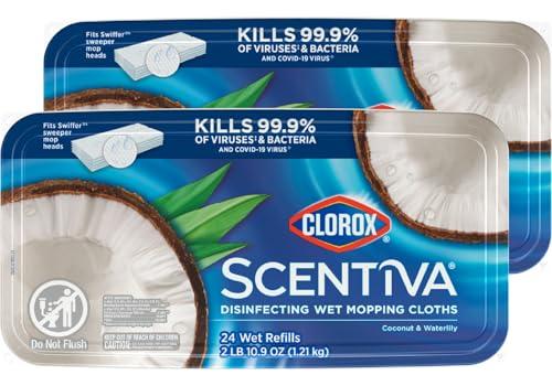 Clorox Scentiva Disinfecting Wet Mop Pad, Disposable Mop Heads, Coconut and Waterlily, 2 Packs, 24 Wet Refills Per Pack