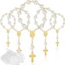 30 Pieces Mini Rosaries Baptism Rosary Beads Finger Baptism Rosaries Bulk with Organza Bags for First Communion Christening Weddings Party Favors (Gold)