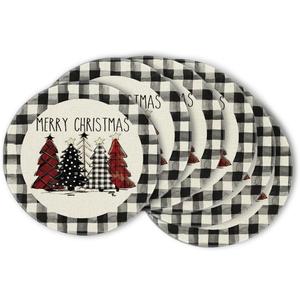 Artoid Mode Waterclor Buffalo Plaid Christmas Trees Merry Xmas Round Placemats Set of 6, 14 Inch Seasonal Winter Round Table Mats for Dining Decoration (Black/White)
