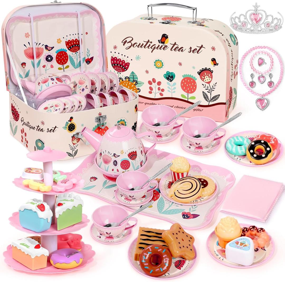 Tea Party Set for Little Girls, 49PCS Princess Tea Time Toys Including Tea Set Dessert Carrying Case, Kids Kitchen Pretend Playset, Montessori Toys for Toddlers 3 - 8 Year Old Girl Birthday Gifts